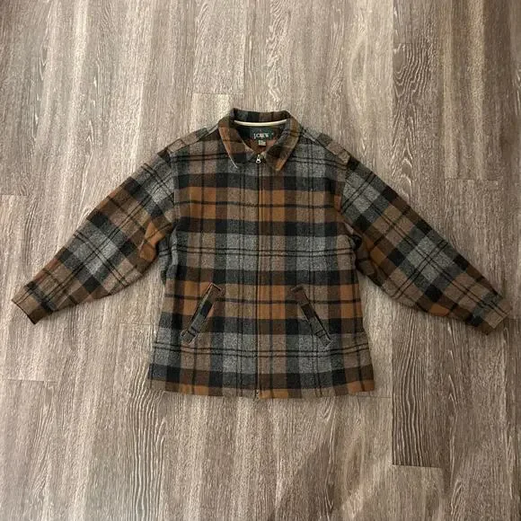 Vintage J.Crew Made in USA Wool Plaid Zip Jacket Brown Gray Check L Workwear EUC - Picture 10 of 16